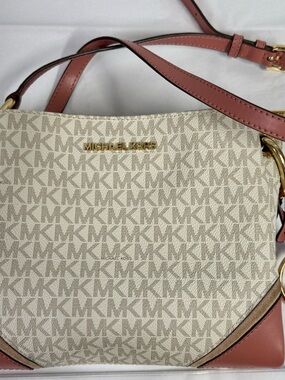 Michael Kors Beige Signature Monogram Shoulder Bag with Pink Trim